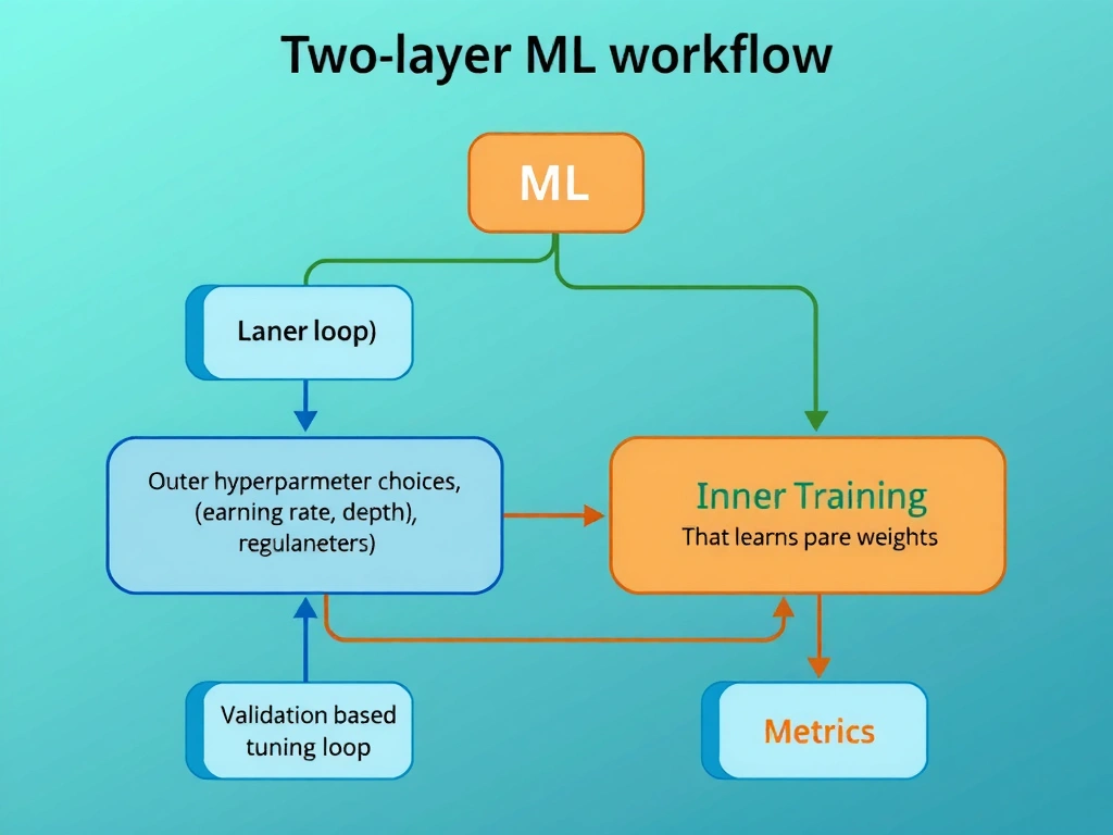 Two-layer ML workflow: outer hyperparameter choices (learning rate, depth, regularization) feeding inner training that learns parameters (weights); validation-based tuning loop; metrics separate from hyperparameters.