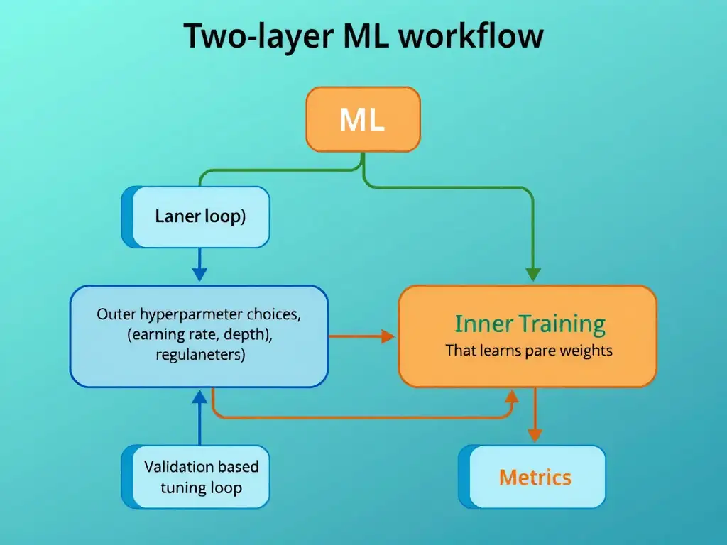 Two-layer ML workflow: outer hyperparameter choices (learning rate, depth, regularization) feeding inner training that learns parameters (weights); validation-based tuning loop; metrics separate from hyperparameters.