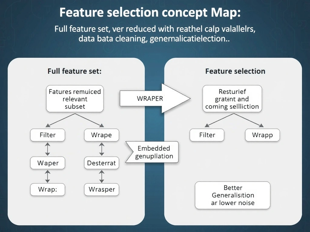 Feature selection concept map: full feature set versus reduced relevant subset; contrast with feature engineering creating new variables and data cleaning deduplication; labels for filter, wrapper, and embedded selection; arrow from selection to better generalization and lower noise.