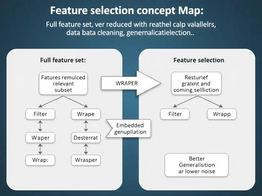 Feature selection concept map: full feature set versus reduced relevant subset; contrast with feature engineering creating new variables and data cleaning deduplication; labels for filter, wrapper, and embedded selection; arrow from selection to better generalization and lower noise.