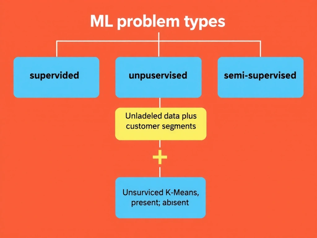 Decision tree of ML problem types: supervised versus unsupervised versus semi-supervised versus reinforcement; highlight path unlabeled data plus customer segments leading to unsupervised K-Means; icons for labels present versus absent.