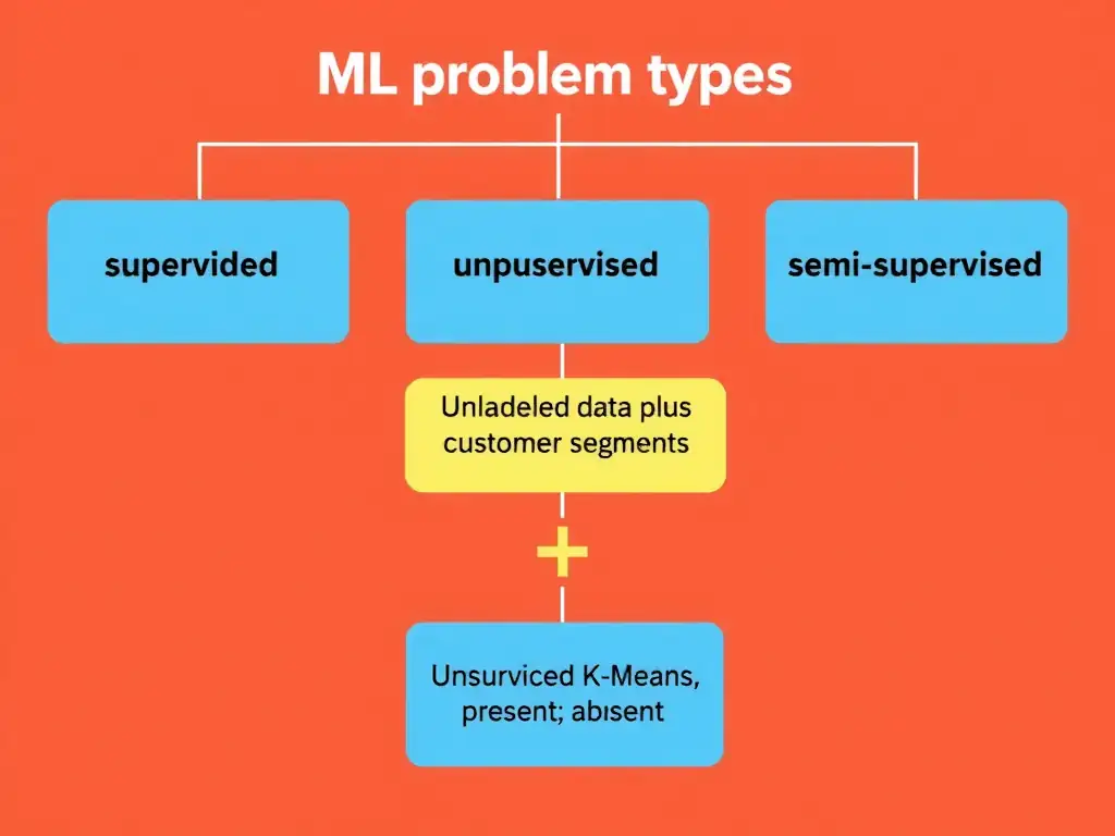 Decision tree of ML problem types: supervised versus unsupervised versus semi-supervised versus reinforcement; highlight path unlabeled data plus customer segments leading to unsupervised K-Means; icons for labels present versus absent.
