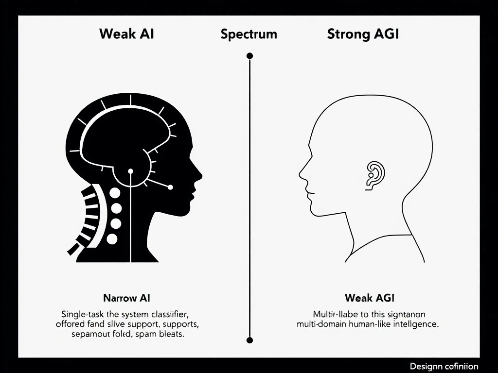 Spectrum from weak narrow AI to strong AGI: examples of single-task systems such as vision classifier, support chatbot, and spam filter versus multi-domain human-like intelligence; clear labels for weak AI definition and common misconceptions.