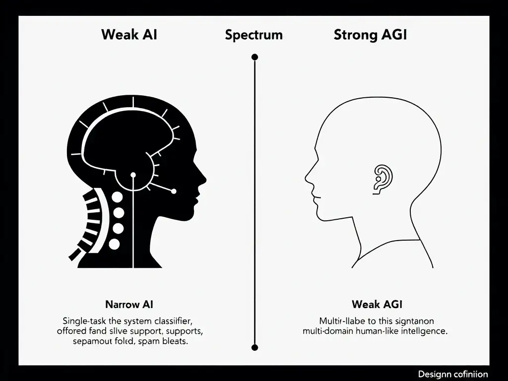 Spectrum from weak narrow AI to strong AGI: examples of single-task systems such as vision classifier, support chatbot, and spam filter versus multi-domain human-like intelligence; clear labels for weak AI definition and common misconceptions.