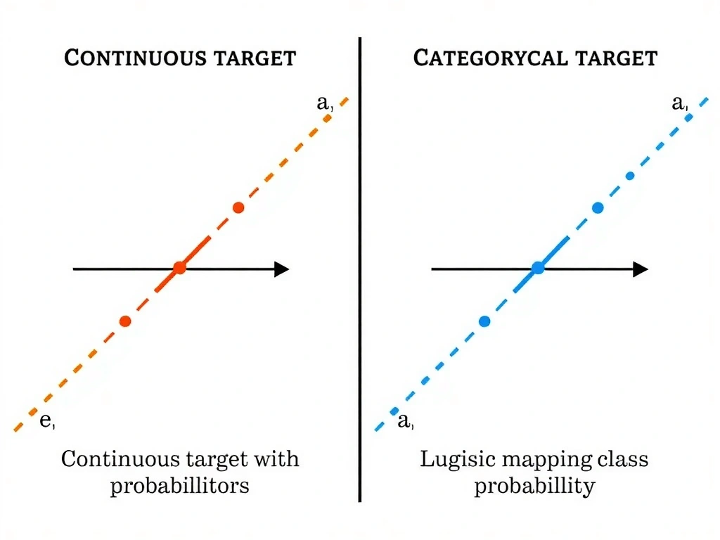Side-by-side: linear regression line through continuous points versus logistic sigmoid mapping features to class probability; labels continuous target versus categorical target; callouts for common misconceptions.
