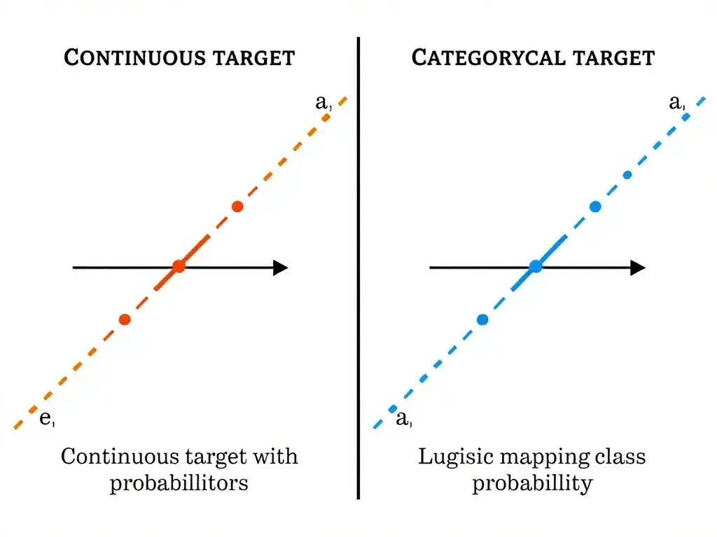 Side-by-side: linear regression line through continuous points versus logistic sigmoid mapping features to class probability; labels continuous target versus categorical target; callouts for common misconceptions.