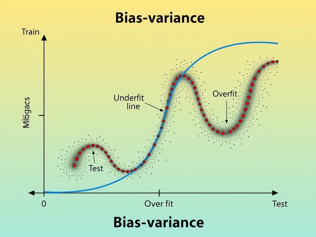 Bias-variance illustration: underfit smooth line, good fit, overfit wiggly curve through noisy points; train versus test error gap diagram; labels for overfitting definition and mitigation ideas such as regularization and more data.