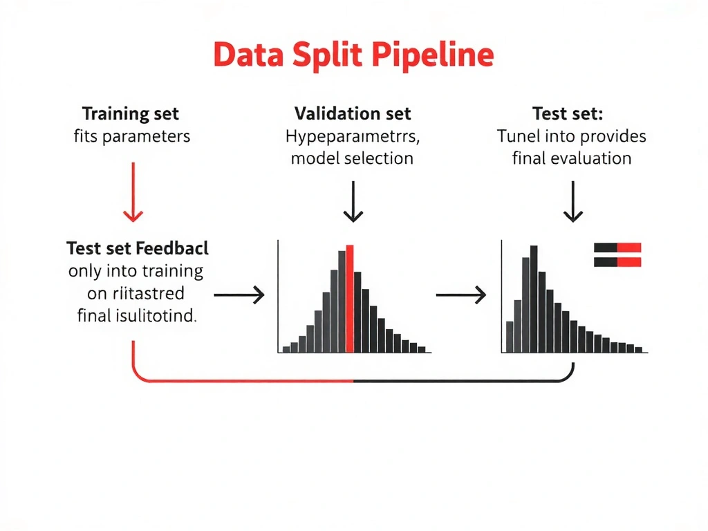 Data split pipeline: training set fits parameters, validation set tunes hyperparameters and model selection, test set provides final evaluation; arrows showing feedback loops only into training and validation; warning against tuning on test.
