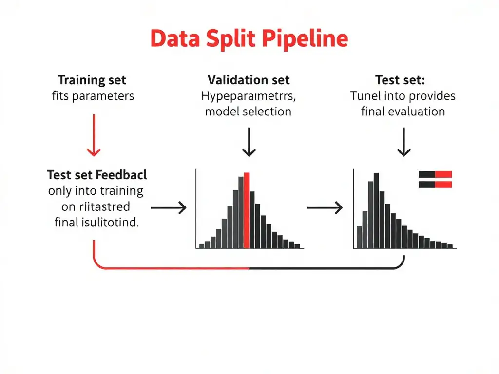 Data split pipeline: training set fits parameters, validation set tunes hyperparameters and model selection, test set provides final evaluation; arrows showing feedback loops only into training and validation; warning against tuning on test.