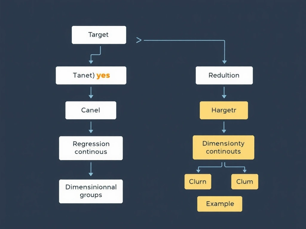 Problem-type flowchart: target is cancel yes or no leading to classification; contrast boxes for regression continuous, clustering unlabeled groups, dimensionality reduction feature compression; churn example highlighted.