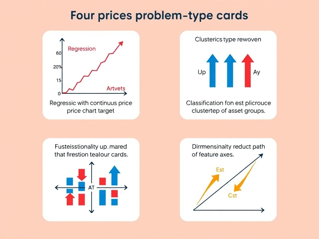 Four problem-type cards: regression with continuous price chart target; classification with up and down arrows; clustering of asset groups; dimensionality reduction of feature axes; stock-price forecast path marked as regression.
