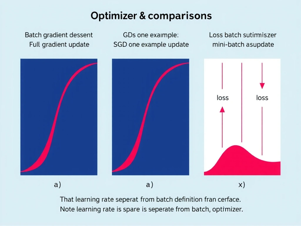 Three-panel optimizer comparison: batch gradient descent full dataset to one gradient update, SGD one example to update, mini-batch subset to update; loss surface with step arrows; note that learning rate is separate from batch definition.