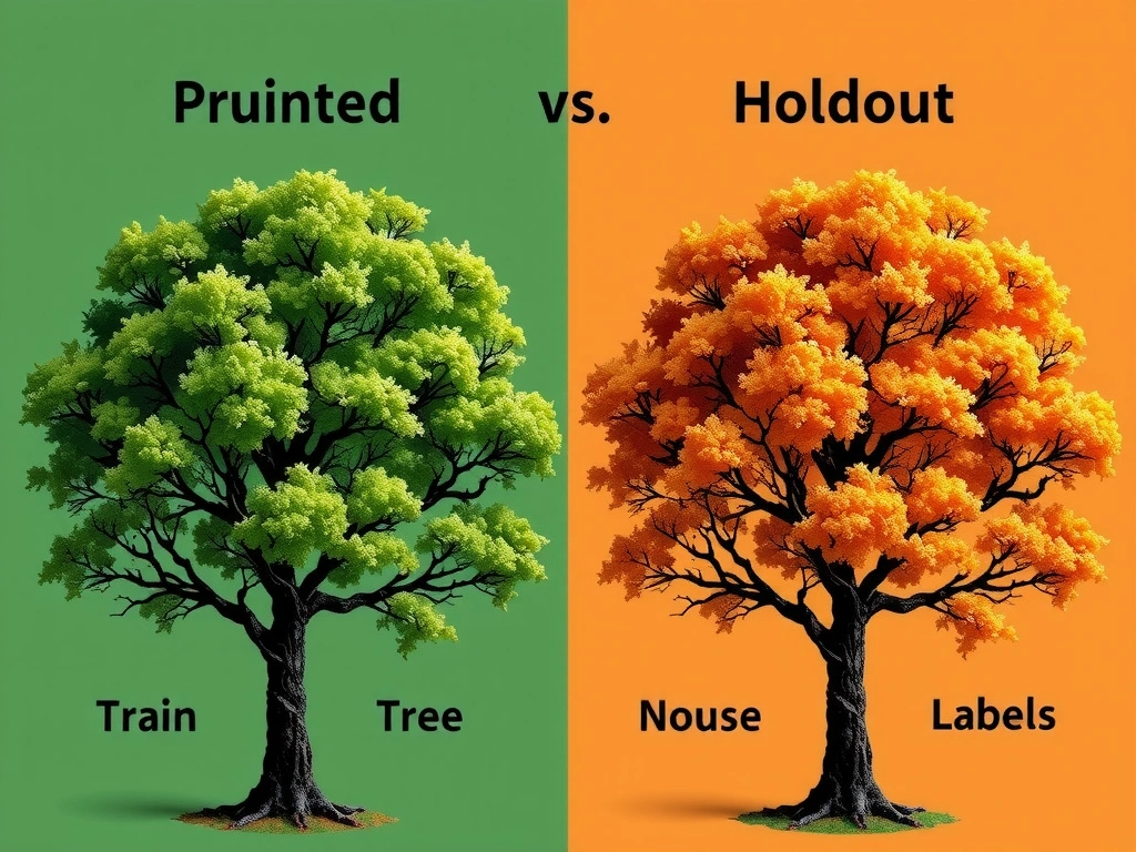 Decision tree overfitting concept: contrast a deep bushy tree memorizing noisy training points versus a pruned tree capturing the main trend; train vs holdout accuracy gap; labels for high variance, noise vs signal, depth, and pruning remedies.