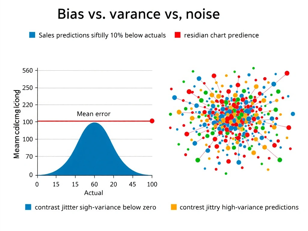Bias vs variance vs noise: sales predictions sitting systematically 10% below actuals; residual chart with mean error below zero; contrast jittery high-variance predictions and random scatter; labels for systematic error and calibration.