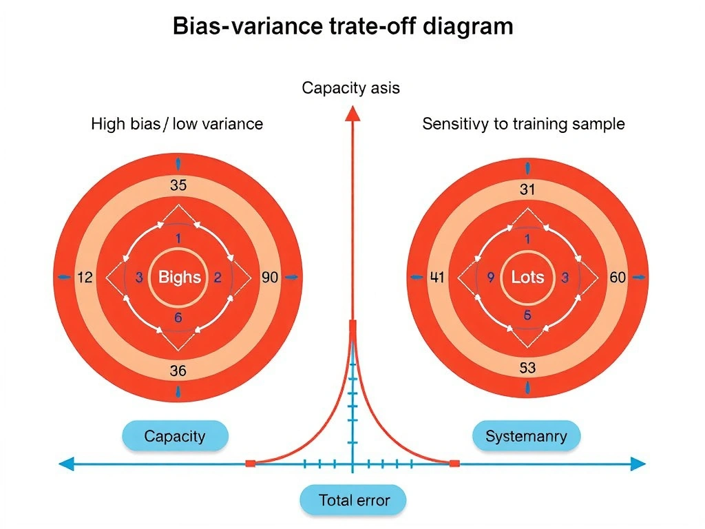 Bias–variance trade-off diagram: bullseye targets showing high bias low variance vs low bias high variance; capacity axis; systematic error vs sensitivity to training sample labels; total error U-shaped curve.