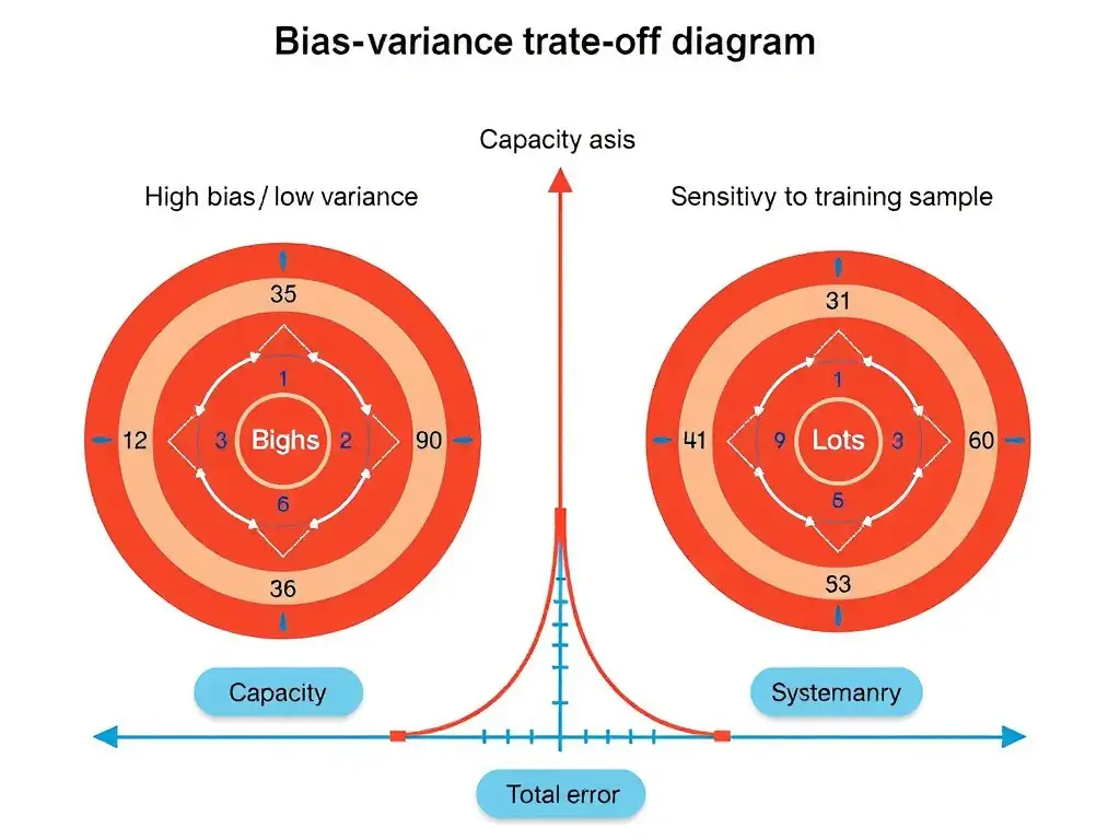 Bias–variance trade-off diagram: bullseye targets showing high bias low variance vs low bias high variance; capacity axis; systematic error vs sensitivity to training sample labels; total error U-shaped curve.