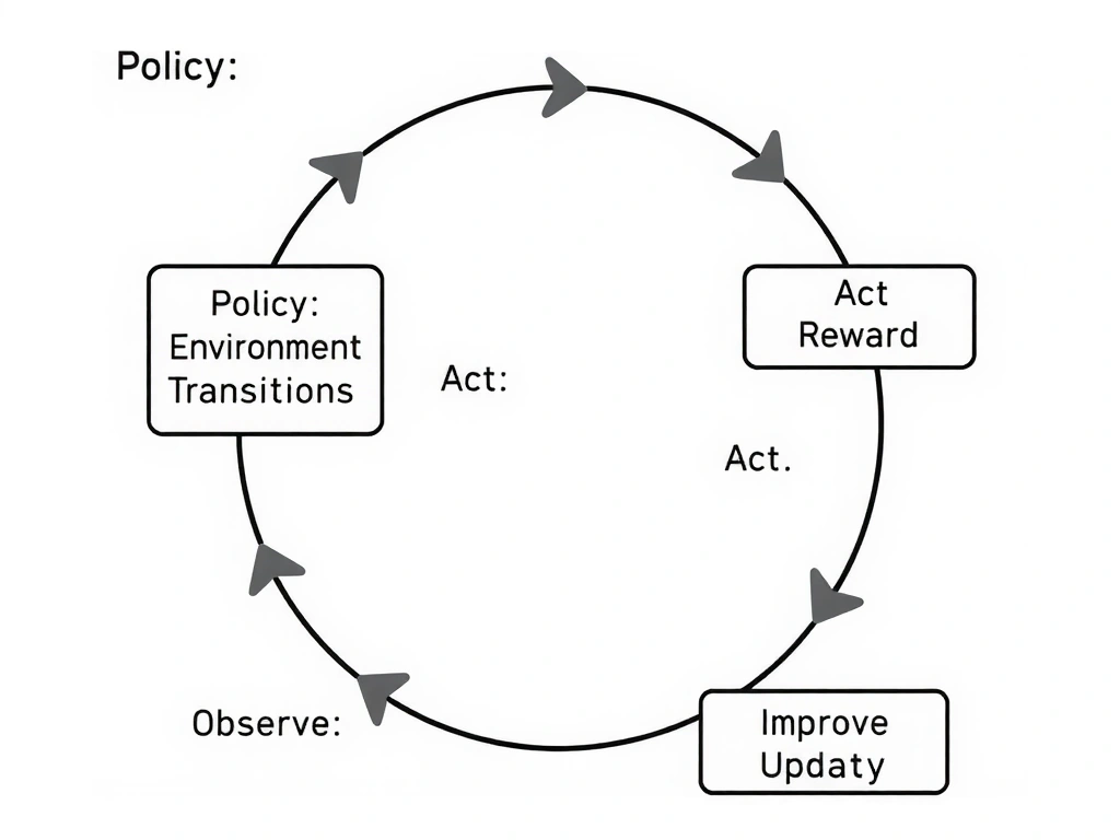 RL loop diagram highlighting policy as state-to-action mapping; separate boxes for environment transitions, reward, return, and learning update; arrows labeled observe, act, reward, improve policy.