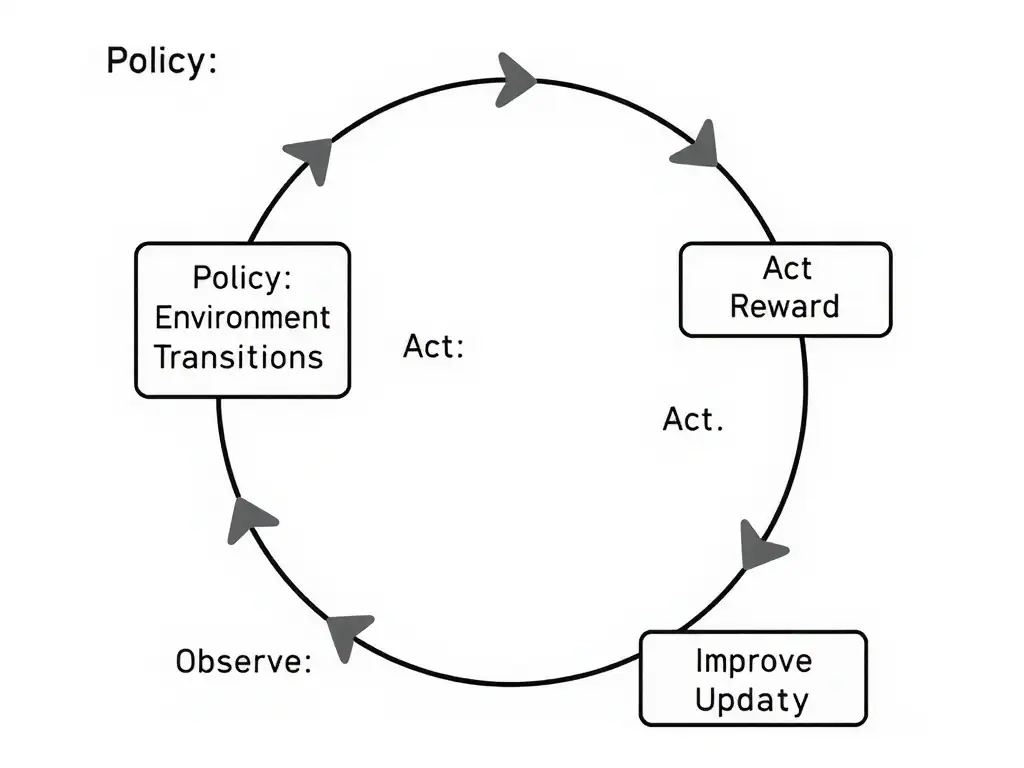 RL loop diagram highlighting policy as state-to-action mapping; separate boxes for environment transitions, reward, return, and learning update; arrows labeled observe, act, reward, improve policy.
