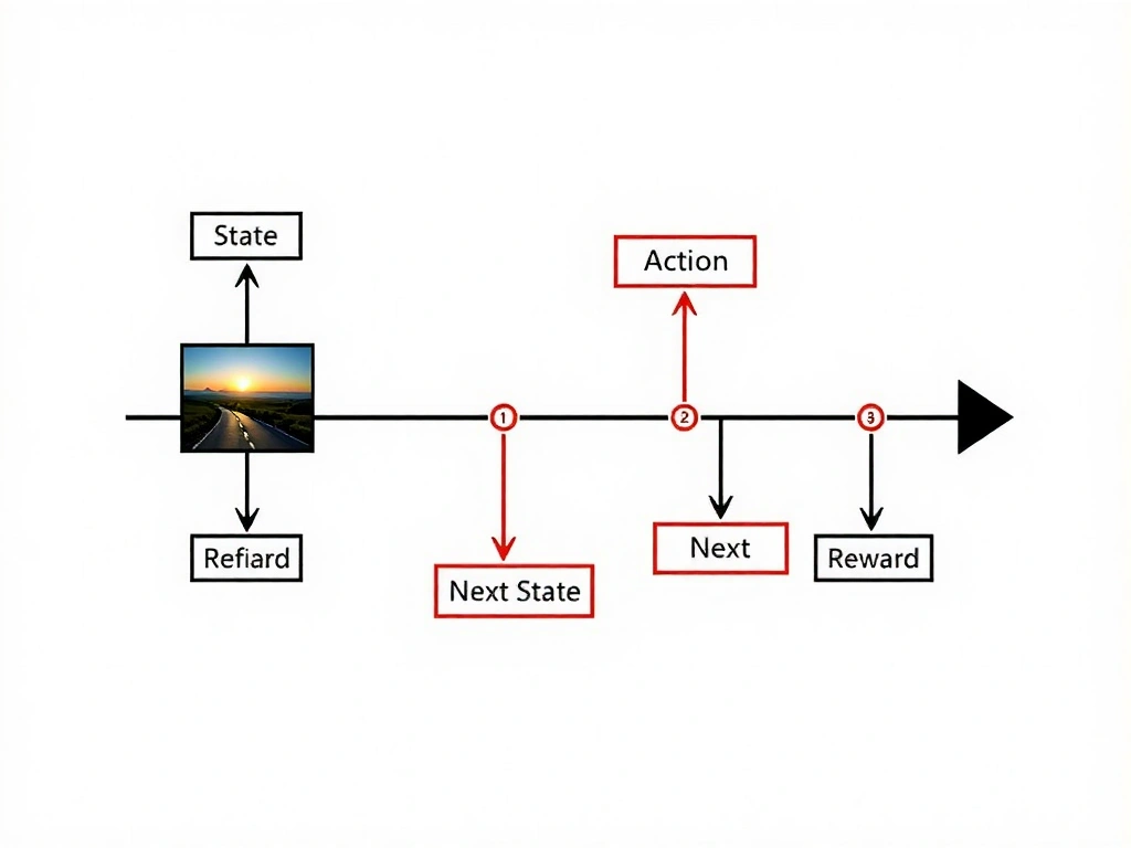 Labeled RL timeline: state snapshot, action, reward, next state; environment box surrounding transitions; clear distinction among state, action, reward, and environment.