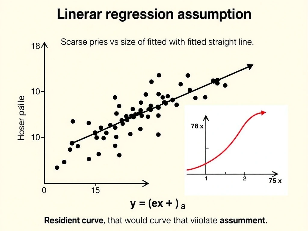 Linear regression assumption: scatter of house price vs size with fitted straight line; equation y = βx + ε; residual plot without curve; contrast nonlinear curve that would violate the assumption.