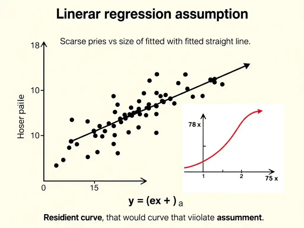 Linear regression assumption: scatter of house price vs size with fitted straight line; equation y = βx + ε; residual plot without curve; contrast nonlinear curve that would violate the assumption.