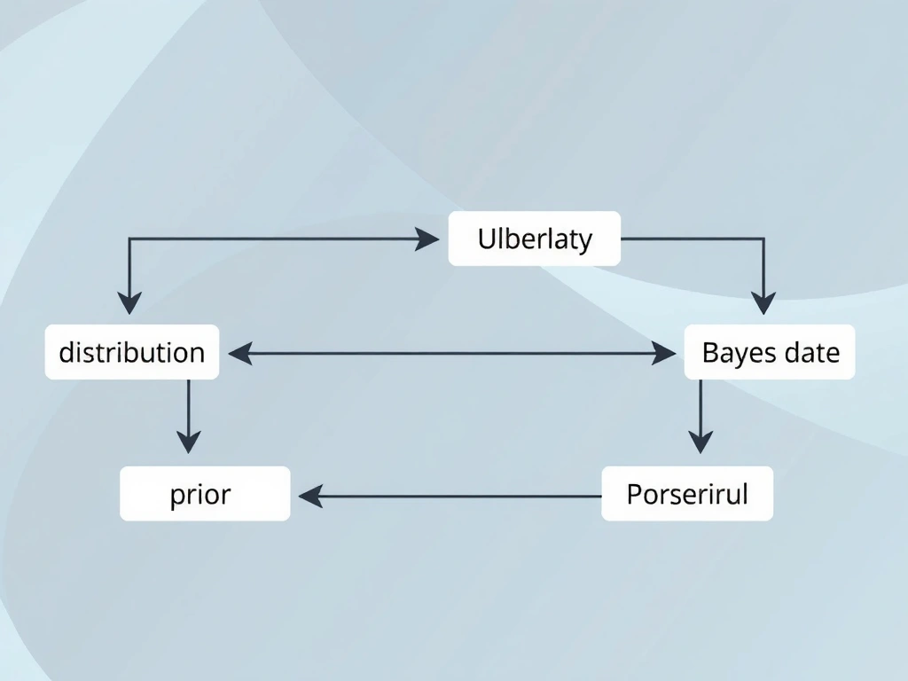 Bayesian updating flow: prior distribution, likelihood from data, posterior after Bayes rule; uncertainty bands on predictions; contrast with single point-estimate MLE; labels prior, likelihood, posterior.