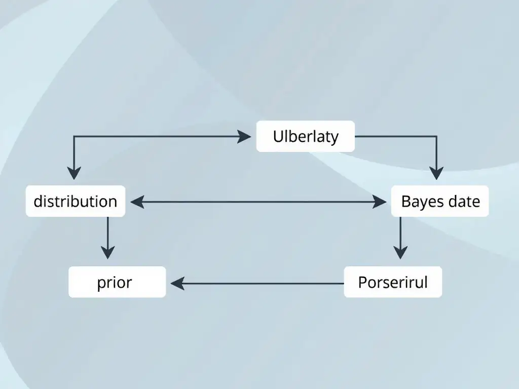 Bayesian updating flow: prior distribution, likelihood from data, posterior after Bayes rule; uncertainty bands on predictions; contrast with single point-estimate MLE; labels prior, likelihood, posterior.