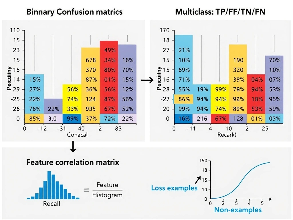 Binary and multiclass confusion matrices with TP/FP/TN/FN cells highlighted; arrows to precision and recall formulas; contrast icons for feature histogram, correlation matrix, and loss curve as non-examples.