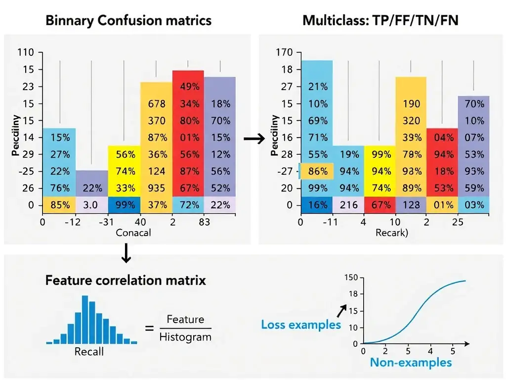 Binary and multiclass confusion matrices with TP/FP/TN/FN cells highlighted; arrows to precision and recall formulas; contrast icons for feature histogram, correlation matrix, and loss curve as non-examples.