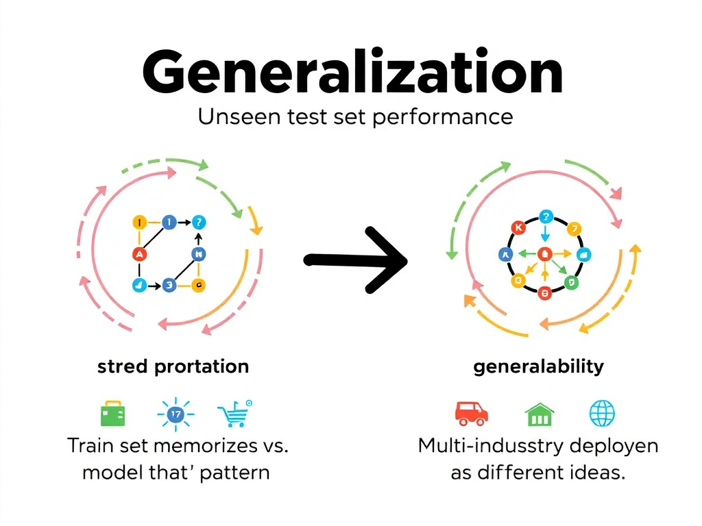 Generalization concept: train set vs unseen test set performance; model that memorizes vs model that captures pattern; arrow labeled generalization; contrast icons for interpretability and multi-industry deployment as different ideas.