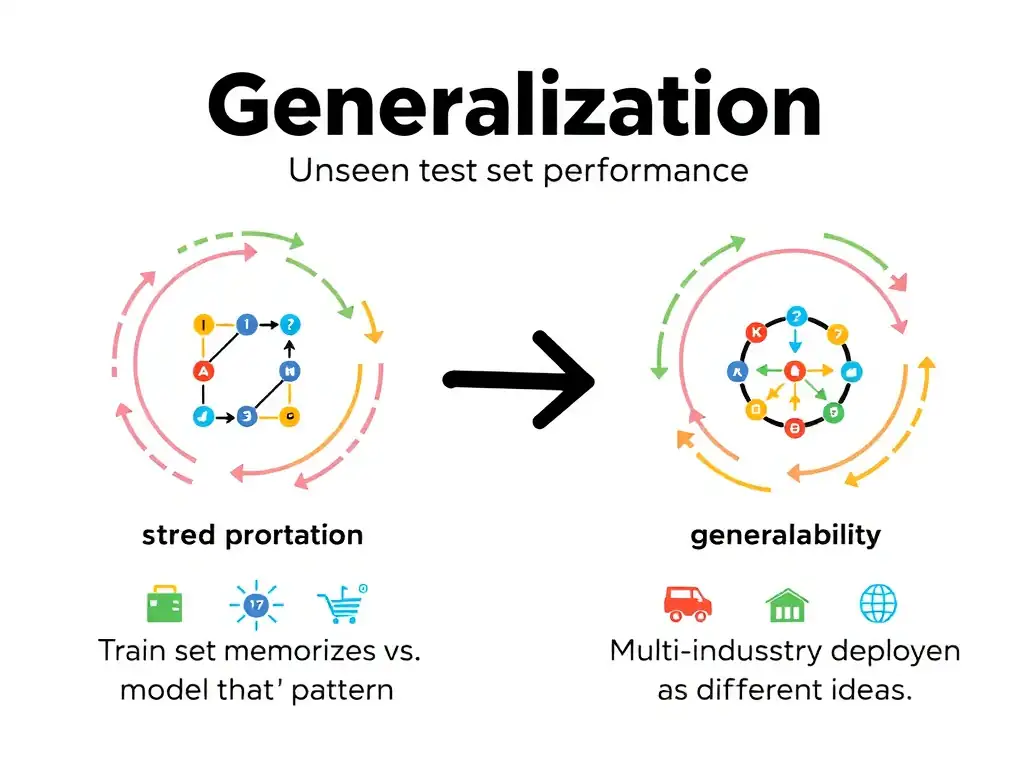 Generalization concept: train set vs unseen test set performance; model that memorizes vs model that captures pattern; arrow labeled generalization; contrast icons for interpretability and multi-industry deployment as different ideas.