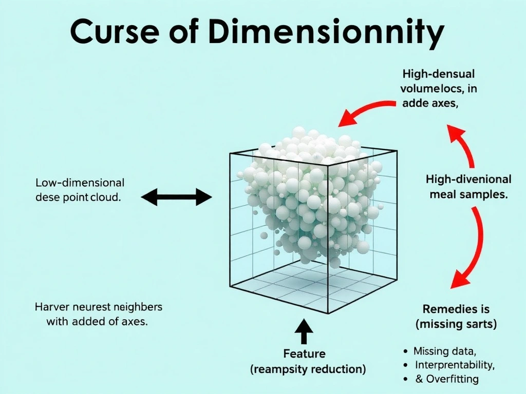 Concept diagram of curse of dimensionality: low-dimensional dense point cloud versus high-dimensional sparse cloud in a large volume; arrows showing exponential volume growth with added axes; callouts for harder nearest neighbors, need for more samples, and remedies (feature selection, dimensionality reduction); side notes distinguishing missing data, interpretability, and overfitting.