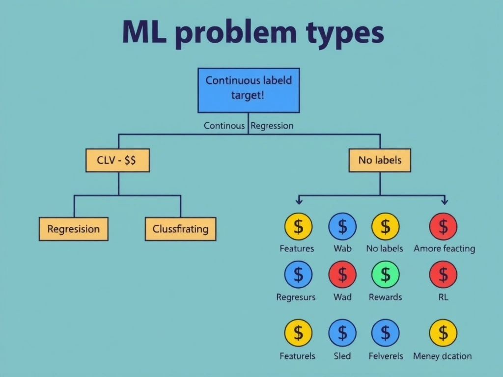 Decision tree of ML problem types: continuous labeled target → regression (CLV $), discrete labels → classification, no labels → clustering, rewards/actions → RL; example features feeding a regressor that outputs a dollar amount; icons distinguishing groups vs numeric prediction.