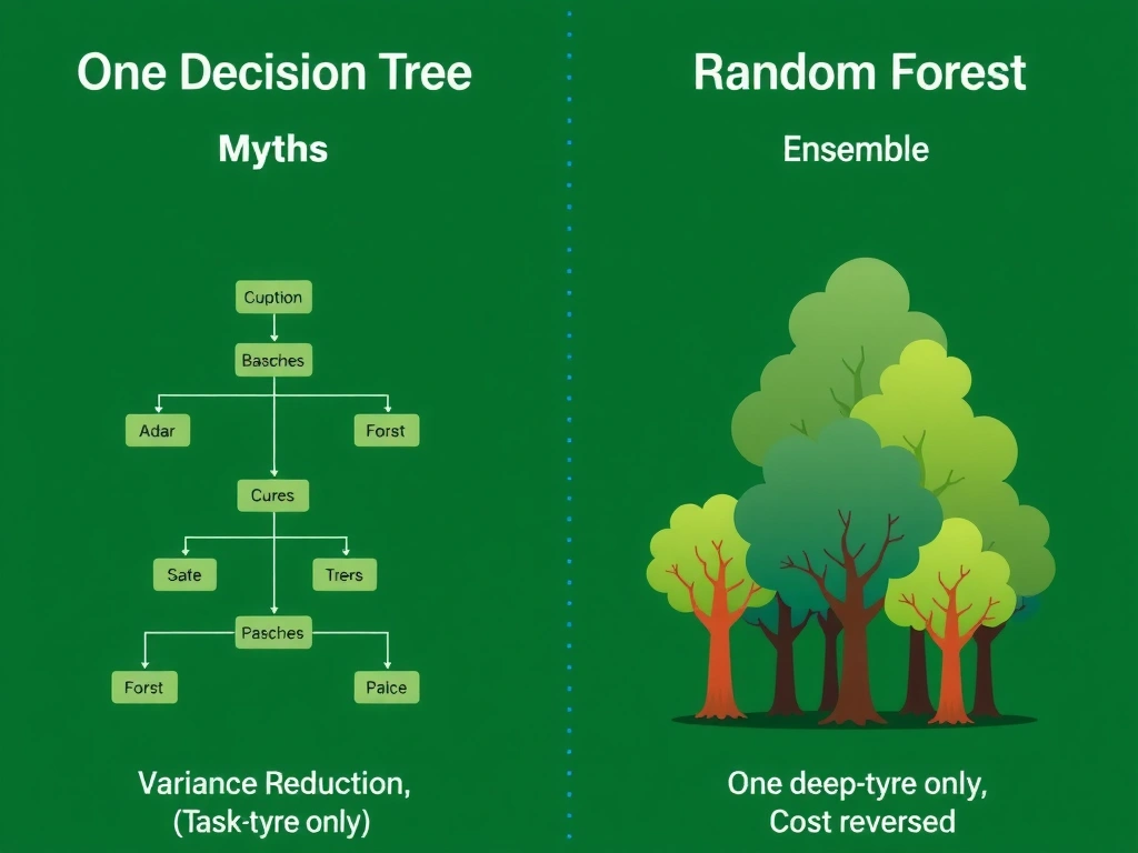 Side-by-side: one decision tree flowchart versus a random forest of multiple trees with bootstrap bags and random feature subsets feeding a majority-vote aggregator; labels for variance reduction and ensemble; crossed-out myths (one deep tree, task-type only, cost reversed).