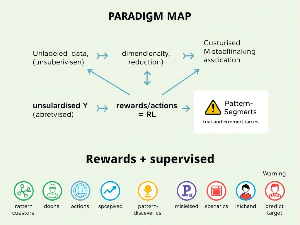 Paradigm map: unlabeled data → unsupervised (clustering, association, dimensionality reduction); labeled Y → supervised; rewards/actions → RL; icons of customer segments and pattern discovery; warning badges on mislabeled scenarios (trial-and-error, predict target).