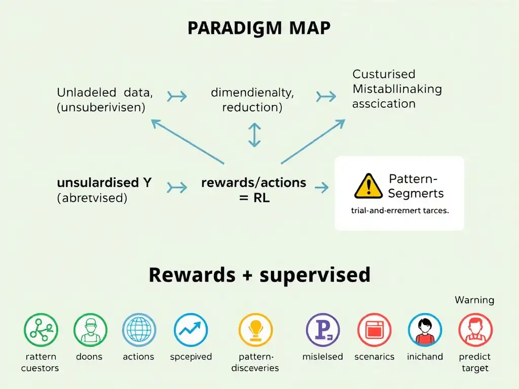 Paradigm map: unlabeled data → unsupervised (clustering, association, dimensionality reduction); labeled Y → supervised; rewards/actions → RL; icons of customer segments and pattern discovery; warning badges on mislabeled scenarios (trial-and-error, predict target).
