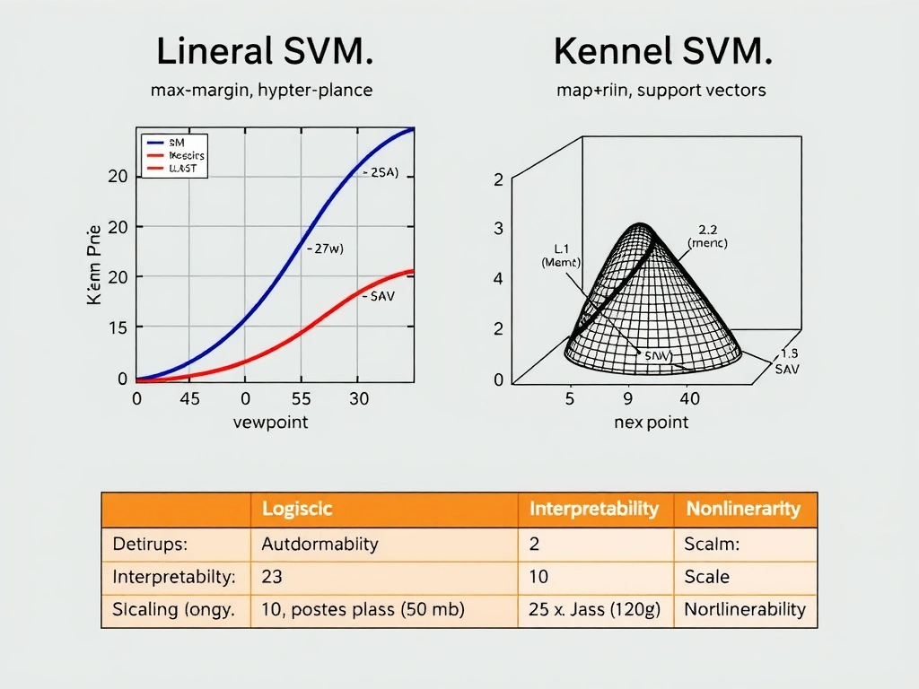 Linear vs kernel SVM: 2D points with max-margin hyperplane and support vectors; kernel mapping sketch to a space where classes separate; comparison table vs logistic regression on interpretability, scaling, nonlinearity; icons for high-dimensional inputs.