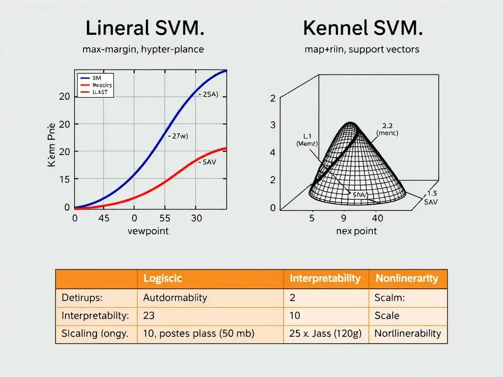 Linear vs kernel SVM: 2D points with max-margin hyperplane and support vectors; kernel mapping sketch to a space where classes separate; comparison table vs logistic regression on interpretability, scaling, nonlinearity; icons for high-dimensional inputs.