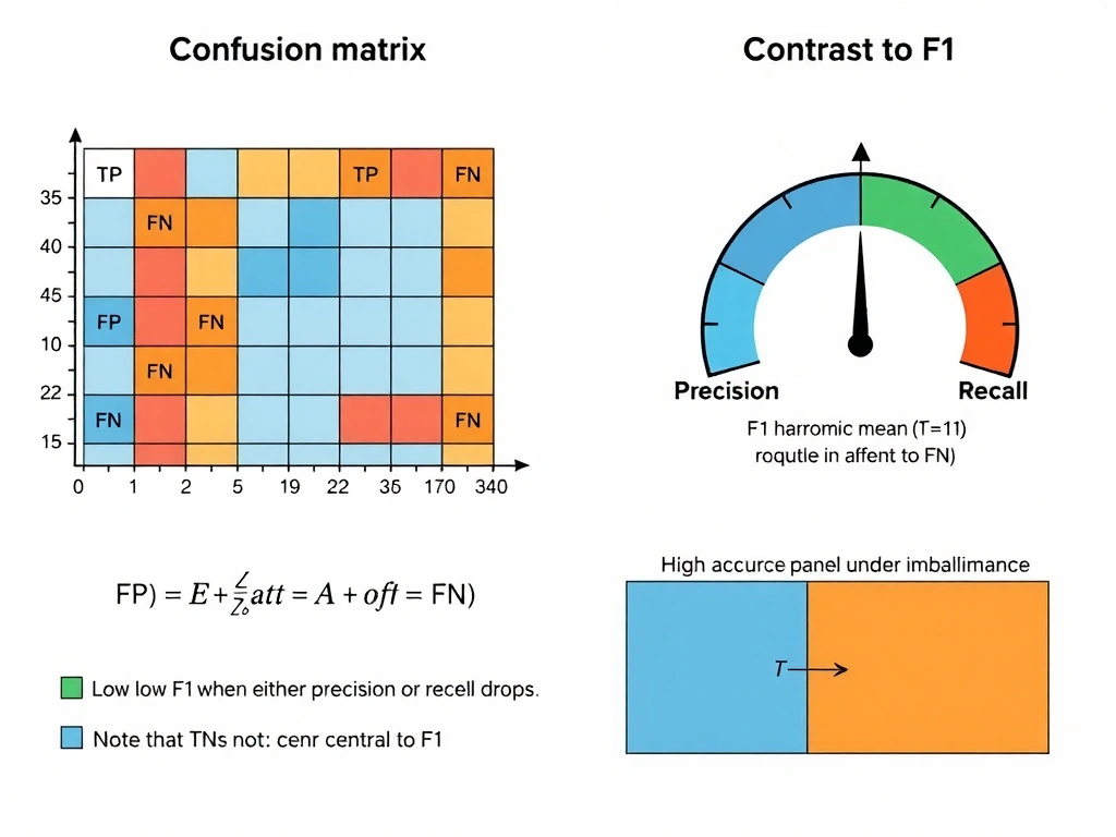 Confusion matrix highlighting TP, FP, FN; formulas for precision, recall, and F1 harmonic mean; gauge showing low F1 when either precision or recall drops; contrast panel with high accuracy under imbalance; note that TNs are not central to F1.