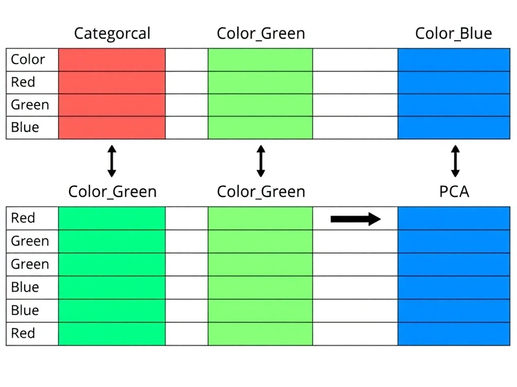Table transformation: categorical column Color {Red, Green, Blue} expanding into binary columns ColorRed, ColorGreen, ColorBlue; contrast panels for min-max scaling, missing-value imputation, and PCA compression; note on avoiding false ordinal coding.