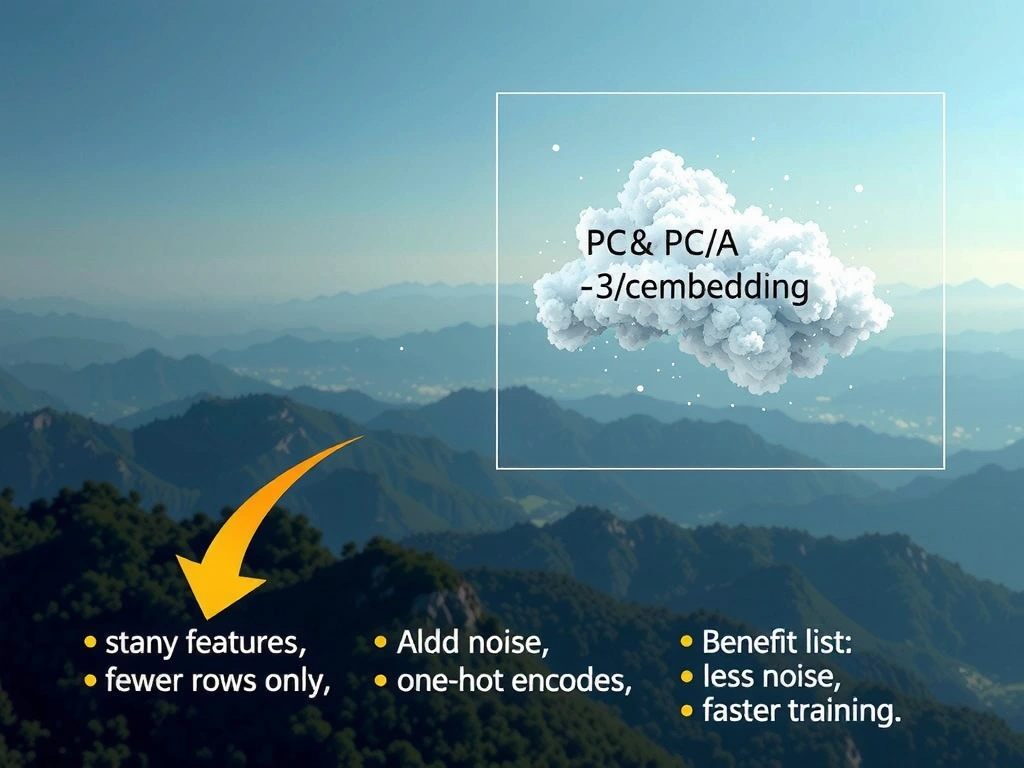 High-dimensional feature cloud projecting into a 2D/3D component space labeled PCA/embedding; arrow from many raw variables to fewer main variables; rejected paths: add features, fewer rows only, one-hot encoding; benefits list: less noise, faster training, visualization.