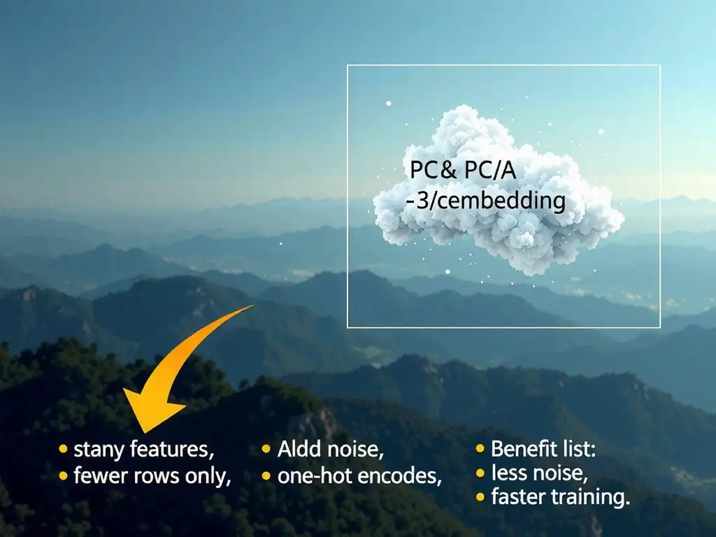 High-dimensional feature cloud projecting into a 2D/3D component space labeled PCA/embedding; arrow from many raw variables to fewer main variables; rejected paths: add features, fewer rows only, one-hot encoding; benefits list: less noise, faster training, visualization.
