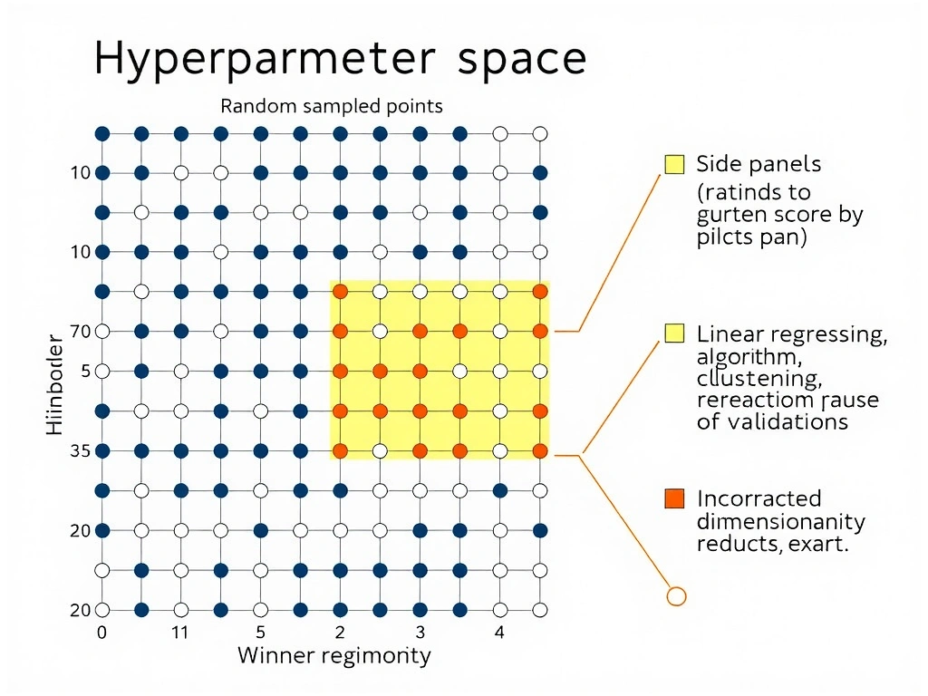 Hyperparameter space diagram: grid of dots vs random sampled points; each point trains a model scored by validation metric; winner config highlighted; side panels marked incorrect: linear regression algorithm, clustering, dimensionality reduction.