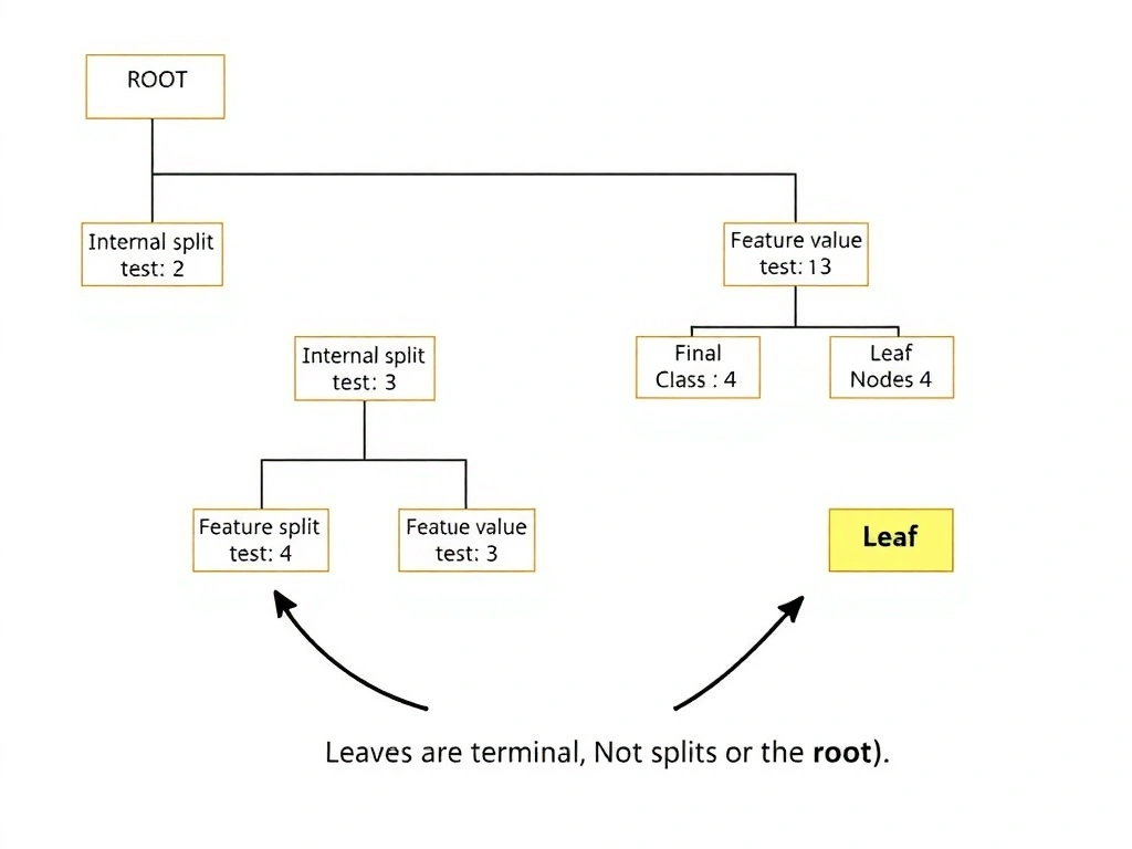 Decision tree diagram labeling root, internal split nodes with feature tests, and leaf nodes with final class/value predictions; path highlight from root to a leaf; callouts clarifying leaves are terminal, not splits or the root.