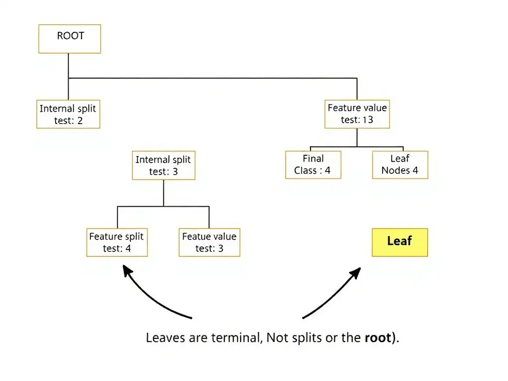 Decision tree diagram labeling root, internal split nodes with feature tests, and leaf nodes with final class/value predictions; path highlight from root to a leaf; callouts clarifying leaves are terminal, not splits or the root.