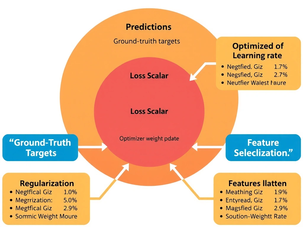 Diagram relating predictions, ground-truth targets, loss scalar, and optimizer weight updates; side callouts distinguishing loss from regularization, feature selection, and learning rate.