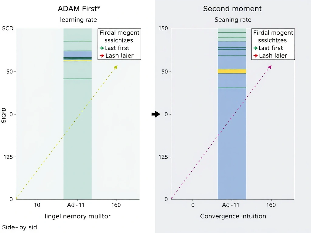 Side-by-side optimizer comparison: SGD single learning rate vs Adam first and second moment buffers feeding adaptive per-weight steps; label memory overhead and convergence intuition.