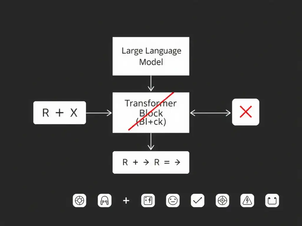 Acronym card for Large Language Model linked to a simplified Transformer block (attention + feed-forward); crossed-out wrong expansions and RNN/symbolic icons.