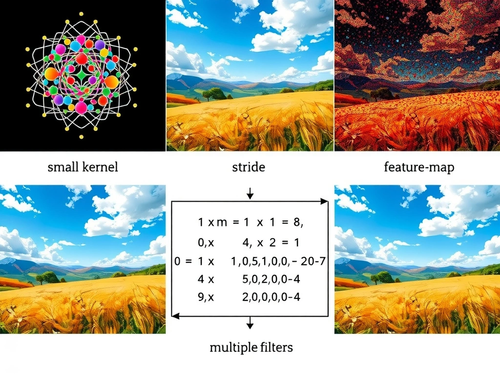 CNN convolution diagram: small kernel sliding over an image patch, multiplications summed into a feature-map cell; labels for kernel size, stride, and multiple filters.