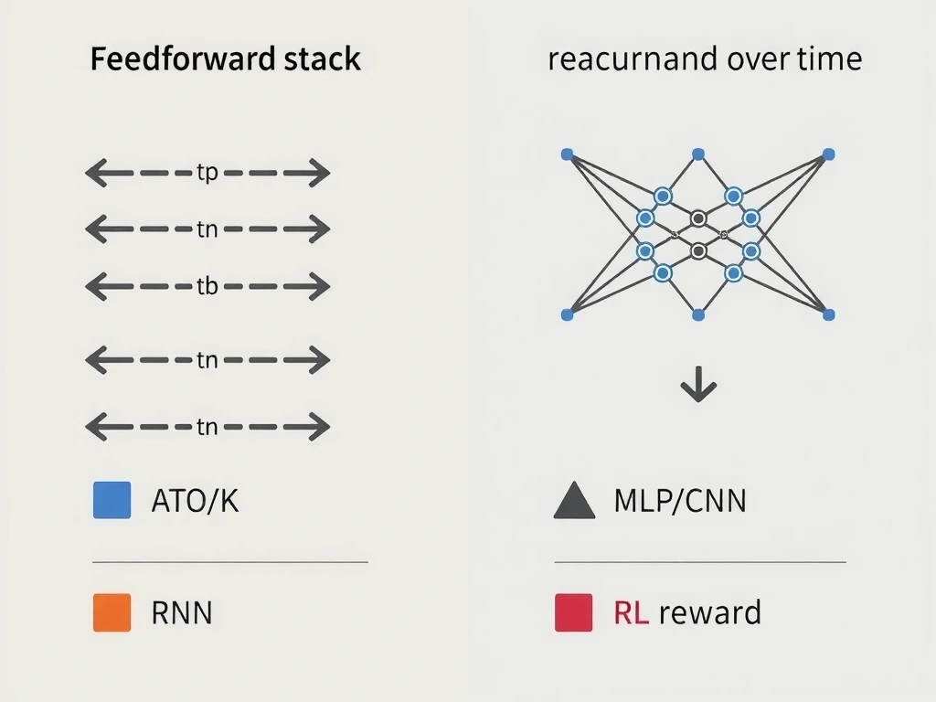 Two diagrams: feedforward stack with left-to-right arrows only vs RNN with recurrent loop over time; icons showing MLP/CNN as feedforward and RL reward as separate concept.